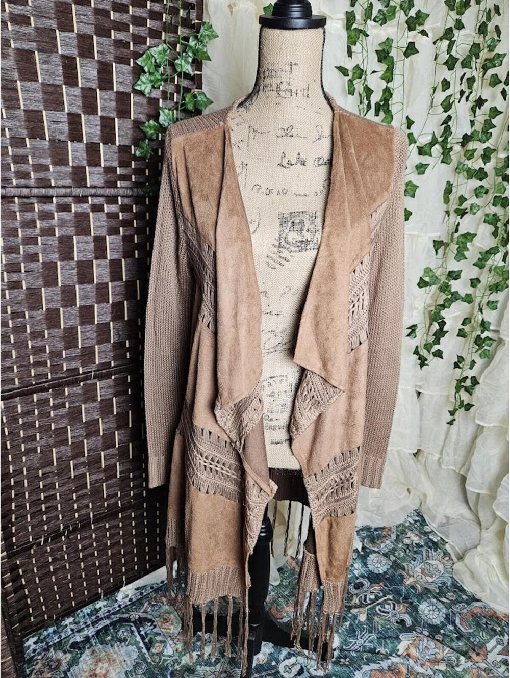 Venus Boho Fringe Cardigan Faux Suede Knit Western Cottagecore M